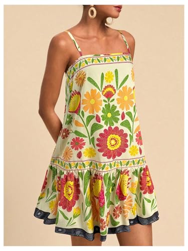 Image of RoseSeek Women's Floral Boho Flowy Mini Cami Dress Ruffle Hem Spaghetti Strap Vacation Tank Dresses