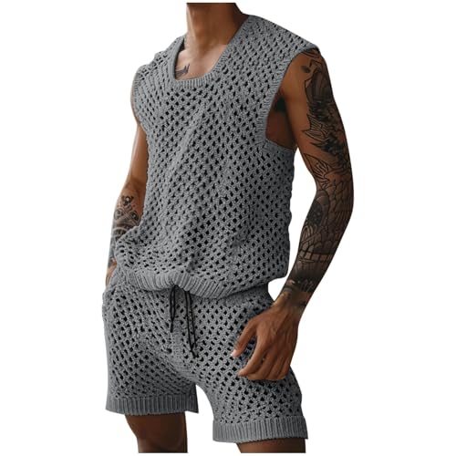 Sinzelimin Mens Workout Set Fashion Crochet Cutout Tank Tops Shorts Suit Loose Comfy Vest Beach Short Pant Casual Outfits Gray X-Large