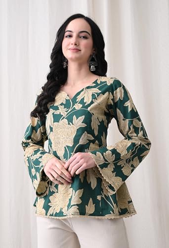 Image of MEERA FAB Women's Summer Floral Printed Cotton Short Kurta Bell Sleeves | Floral Printed Kurta | Short Kurti for Women
