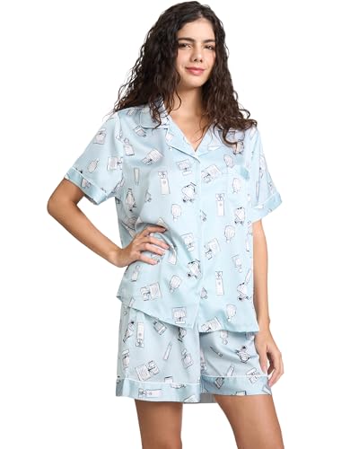Image of YiNi LuLu Womens Silk Satin Shorts Pajamas Set Button Down 2 Piece Pjs Short Sleeve Oversized Sleepwear with Pockets