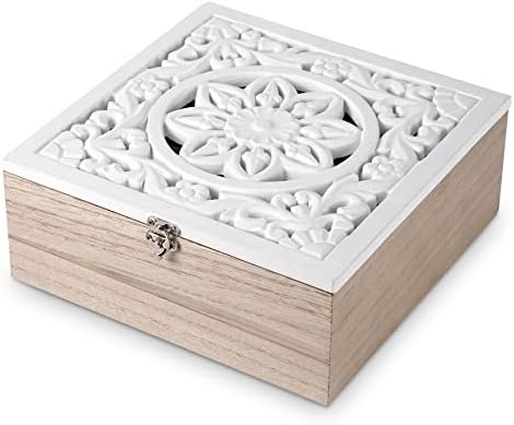 WPKLTMZ Wood Tea Box Tea Bag organizer Tea Storage Organizer 9 Compartments with White Openwork Lid Tea Holder Storage Chest Rustic Tea Bag Holder for kitchen Cabinets, Countertops