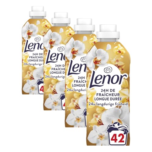 Lenor Adoucissant 42 Lavages, Parfum Ambre et Orchidée, 24H De Fraîcheur Relaxante, Avec Une Touche D’Huiles Essentielles, Testé Dermatologiquement, Fabriqué En France (Lot de 4)