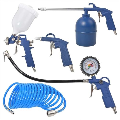 Air Tool Kit 5PCs Compressor Air Tool Set with Spray Gun Blow-Out Gun 5M Spiral Air Hose Paraffin Sprayer Tyre Inflator with Pressure Gauge