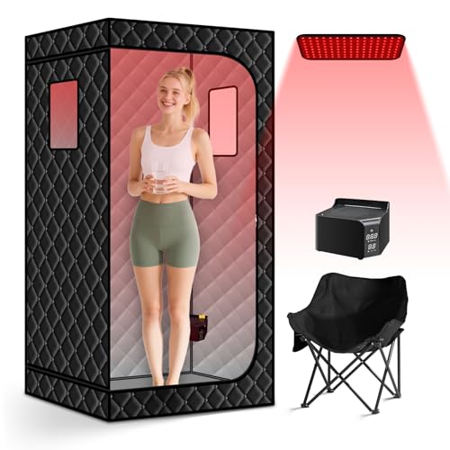 Image of Smartmak Portable Sauna with Infrared 660nm Red Light Therapy Lamp for Home | Personal Large Full Size Sauna Spa Tent, 1500W High Power Hot Air Saunas, Folding Chair Indoor Relaxation Use, 130-150F