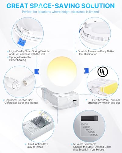 Ensenior 6 Pack 4 Inch Ultra-Thin LED Recessed Light with Junction Box, 2700K/3000K/3500K/4000K/5000K Selectable, 9W 75W Eqv, Dimmable, 750LM High Brightness - ETL and Energy Star Certified
