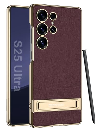 Image of BOUNCEBACK Electroplated Leatherette Back Case /Cover with Kick Stand for Samsung Galaxy S25 Ultra 5g - (Burgundy | Faux Leather)