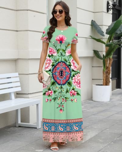 Image of COSSEN Women's Crew Neck Short Sleeve Maxi Dress with Pockets Casual Loose Swing for Wedding Guest Beach Vacation