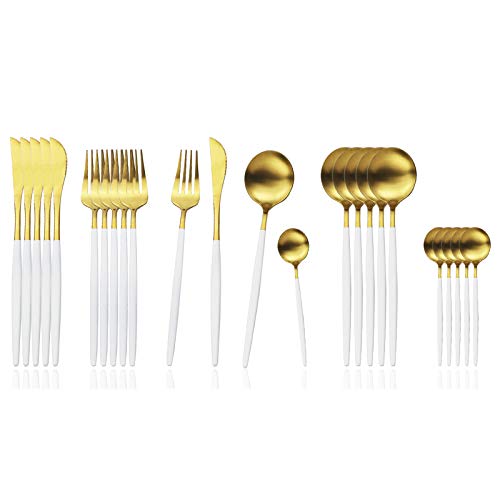 JASHII Besteck-Set, 24-teilig, Edelstahl, Küchenutensilien-Set für 6 Personen, Geschirr-Set für Zuhause, spülmaschinenfest (matt weißer Griff...