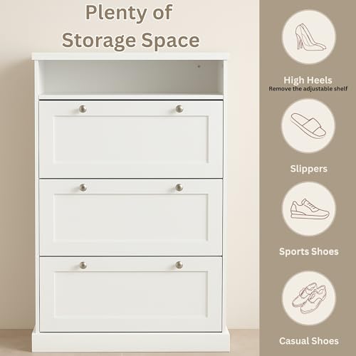 Image of 3-Door Engineered Wood Shoe Rack, 6-Tier Wooden Shoe Rack for Entryway, Shoe Storage Cabinet with Doors Adjustable Shelves, Wooden Shoes Rack Organizer (White, 6 - Tier)
