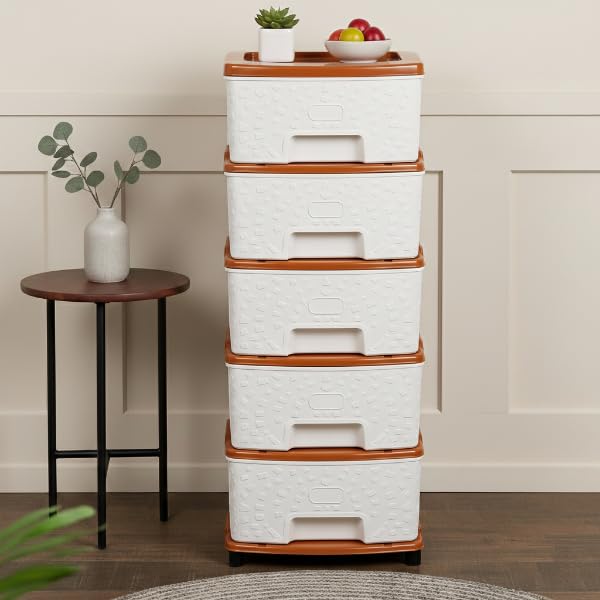 Image of Plastic Modular Drawer Storage Chest Of Drawers Organizer Storage Box, Large Stomo Racks For Multipurpose Anti-slip Shoes Organizers (White & Golden, 5 Layer)