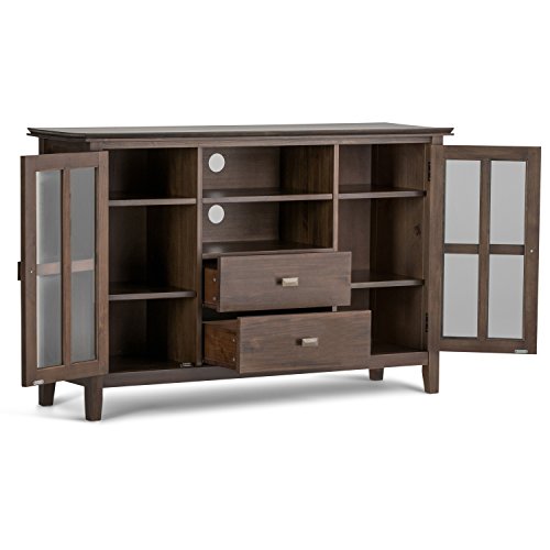 Simpli Home Artisan SOLID WOOD Universal Tall TV Media Stand, 53 inch Wide, Contemporary, Storage Shelves and Cabinets with Glass Doors, for Flat Screen TVs up to 60", Natural Aged Brown