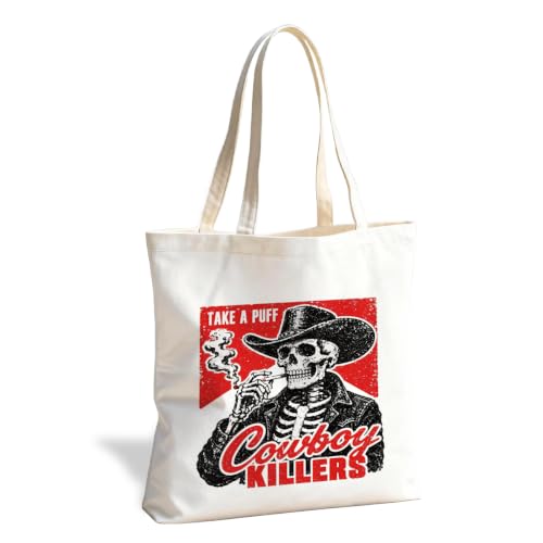 ERJHFGHU Smoking Skeleton Canvas Tote Bag, Western Cowboy Killers Graphic