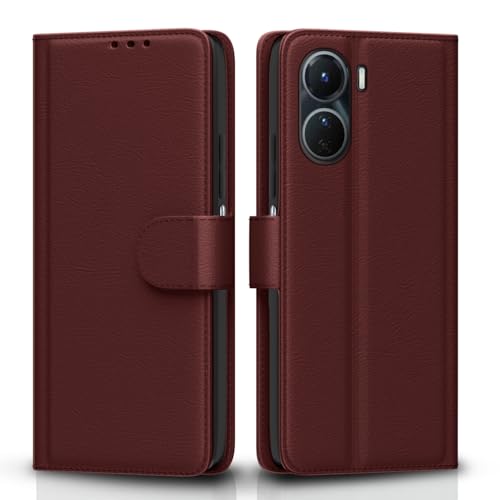 Image of Pikkme Vivo Y16 Flip Case Leather Finish | Inside TPU with Card Pockets | Wallet Stand and Shock Proof | Magnetic Closing | Complete Protection Flip Cover (Brown)