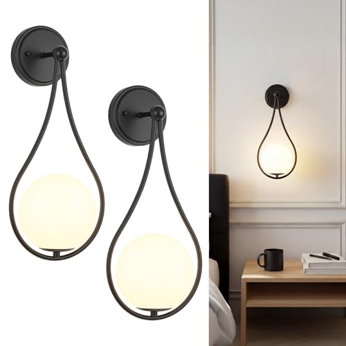Image of Mid-Century Wall Sconces Set of 2 Black | Modern Globe Wall Lighting Indoor Hardwired Wall Lights for Hallway Office Porch Bedroom Living Room Stairway