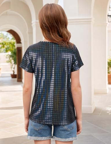 Girls Metallic Outfit Crop Top Short Sleeve Shirt Concert Sequin Tee Hip Hop Disco Loose Blouse 3-4Years2