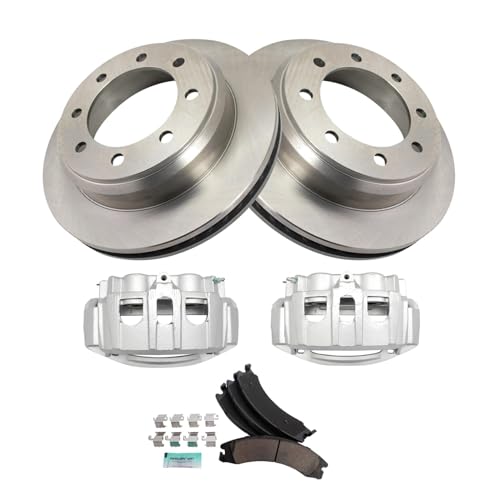 Image of TRQ Rear Brake Pad, Caliper, & Rotor Kit Ceramic Compatible with 2008-2014 Ford E-150 E-250 2008-2019 E-350 Super Duty