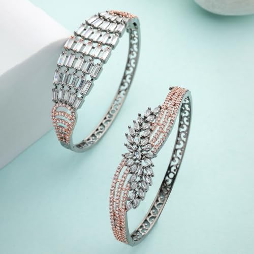 Image of ZENEME Rhodium-Plated Silver Toned American Diamond Studded Contemporary Kada Bracelet For Girls and Women
