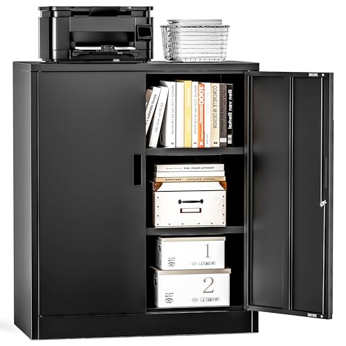 Image of Metal Storage Cabinets, Locking Cabinet with 2 Doors and Shelves, 36 inch H Metal Garage Cabinet for Office, Home, Garage, Warehouse (Black)