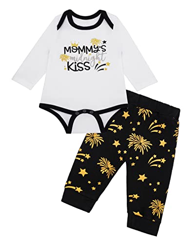 Image of Baby Boy Outfit 2-Piece New Year Clothes Set Mommy's Midnight Kiss Romper + Pants Set