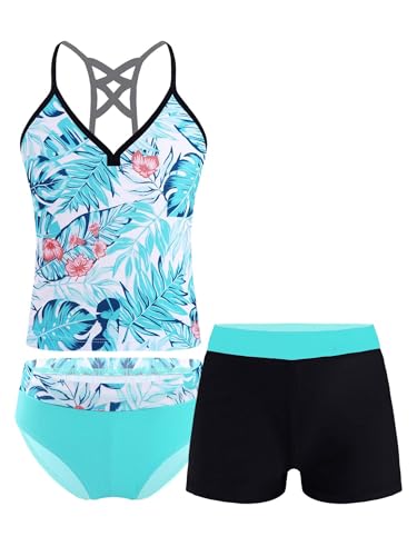 Hansber Kids Girls 3 Piece Tankini Floral Printed Tops with Boyshorts Bottoms Swimsuit Bathing Suit Green Palm Leaves 7-83