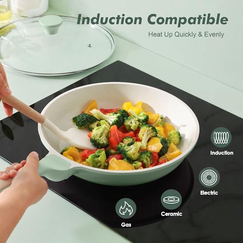 Image of SENSARTE Nonstick Ceramic Frying Pan with Lid 12.5 Inch Cooking Pan Skillet, Free of Intentionally Added PFAS /PTFE Non-toxic Chef's Pan Induction Compatible Pan, Heat Resistant Handle, Mint Green