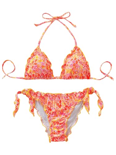 BEAUDRM Women's 2 Piece String Bikini Sets Floral Print Ruffled Halter Tie Backless Thong Swimsuits Bathing Suit Orange Large