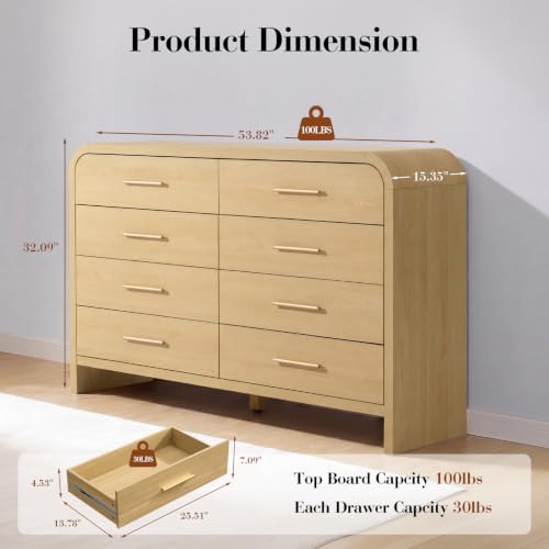Image of Curved Drawer Dresser for Bedroom with 8 Drawers, 54'' Wide Chest of Drawer