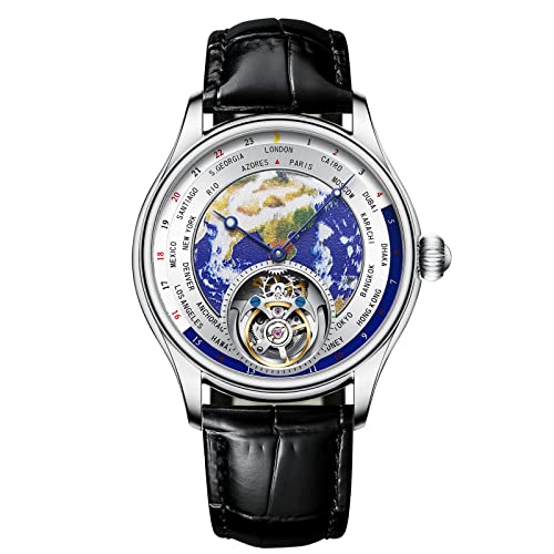 Aesop Tourbillon Mechanical Watches for Men 3D Earth Enamel Dial Hand Wind Analog Wristwatches Stainless Steel Sapphire Waterproof Luminous Dress Business Men Watch with Leather Strap E01