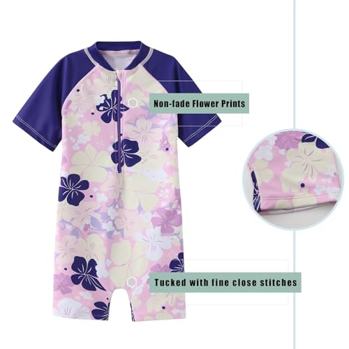 Image of Girls Rash Guard Swimsuits One Piece Bathing Suits for Girls UPF 50+ Sun Protection Short Sleeve Sunsuits Zipper