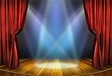 Laeacco 10x7ft Bright Round Wooden Stage Backdrop Vinyl Bright Interlaced Spotlights Red Curtain Rustic Vintage Wooden Floor Background Performance Show Award Ceremony Banner Talent Show Shoot