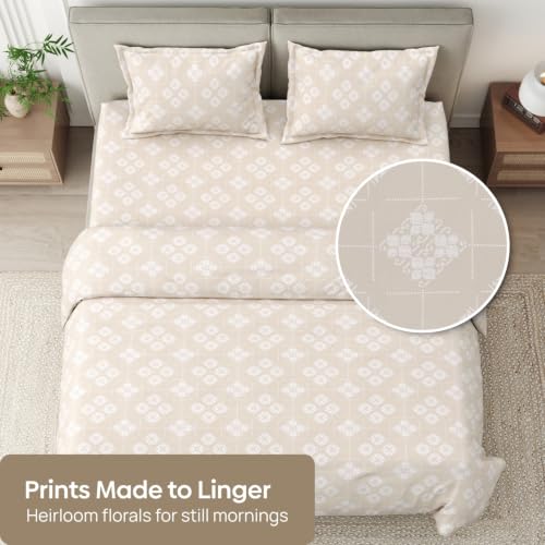 Image of Haus & Kinder Double Bed Bedsheet for Queen Size Bed with 2 Pillow Covers 90 Inch x 100 Inch | Premium Soft & Silky Pure Cotton 300 TC Flat Double Bedsheet | Crystal Loom Beige