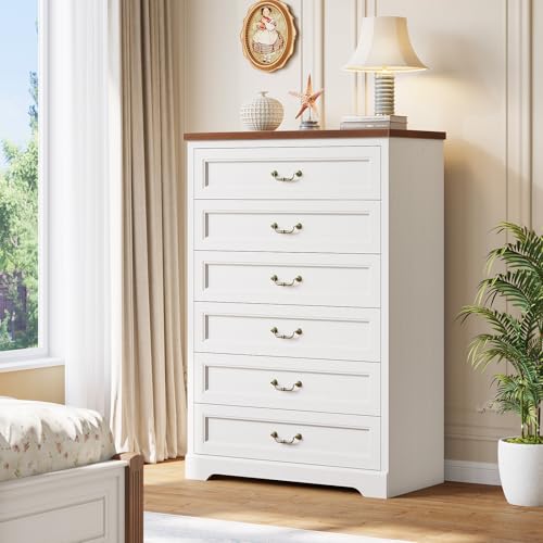 Hasuit Farmhouse 6 Drawer Dresser for Bedroom, 51.3\" Tall Wood Dressers Chest of Drawer, Rustic Storage Cabinet Organizer with Large Drawer and Vintage Handle, White Dresser for Bedroom Closet Hallway