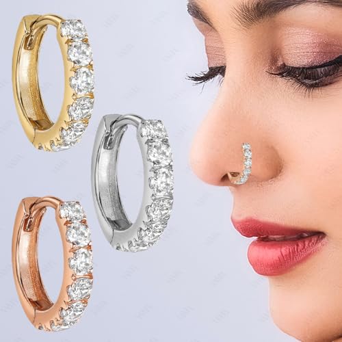 Image of VAMA FASHIONS Silver Gold Rosegold Crystal Stone Piercing Ring Nose Pin Pierced Hole Type Nosepin for Women & Girls