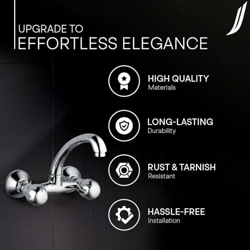 Image of Jaquar Wall Mounted Sink Mixer with Swinging Spout, Connecting Legs & Wall Flanges, Stylish & Durable Faucet for Kitchen & Bathroom, Sliver, Chrome Finish