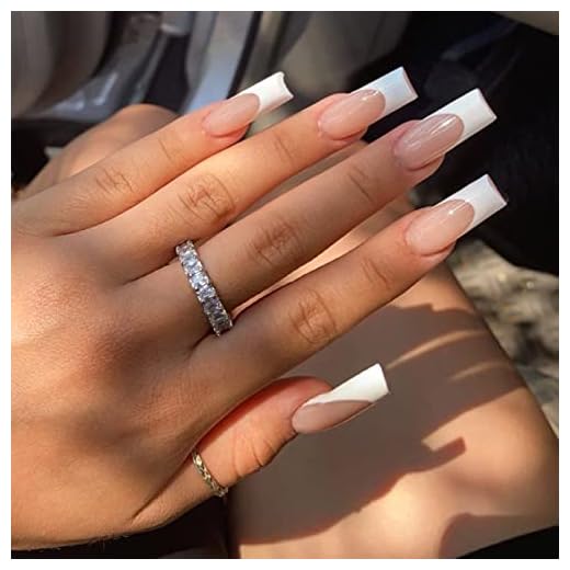 FOAMEE French Tip Press on Nails Long Nude Fake Nails with Designs Acrylic Square Glue on Nails Glossy Stick on Nails for Women
