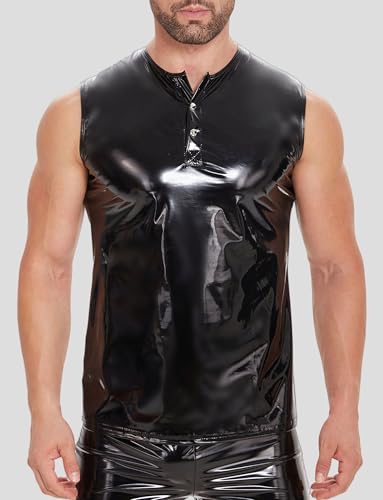 Image of Panegy Men's Liquid Shiny Leather Shirt Jacket Slim Fit Wetlook Party Nightout Club 70s /80s Disco Blouse Tshirt