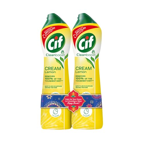Cif Lemon Abrasive Surface Cleaner Cream for Kitchen & Bathroom, Removes Grease, Dirt & Tough Stains with Natural Cleaning Particles, 2x500ml