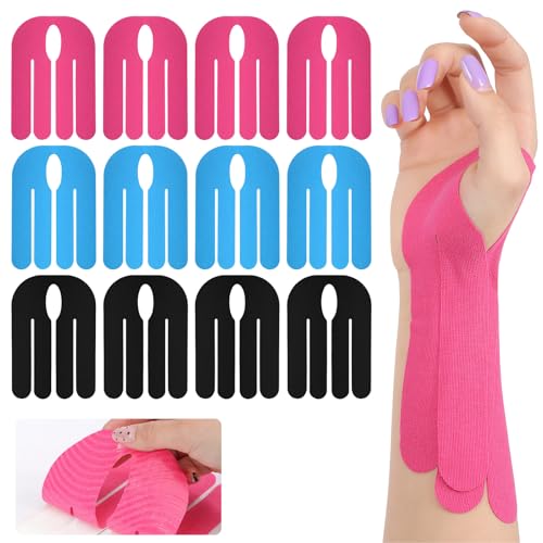 YASQZ 12 Stück Precut Kinesiotapes Handgelenk, Kinesiotapes Vorgeschnitten Kinesiologie Tape Sport Tape, Wasserdichte Atmungsaktive Kinesio Tapes für Sport & Stabilität (Schwarz, Blau, Rosa)