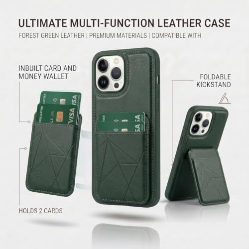 Image of amazon basics Premium Vegan Leather Back Cover with Card Holder and Integrated Mobile Stand for iPhone 13 Pro Max - Slim Shockproof Wallet Case with Geometric Stitching [Green]