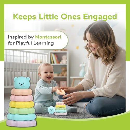 Image of R for Rabbit Orapple Teddy Stacker Stacking Rings Toy Sorting Tower Game Smooth Rounded Edges BPA Free Educational Interactive Learning Toys for Kids Baby Girls Boys (Blue Teddy)
