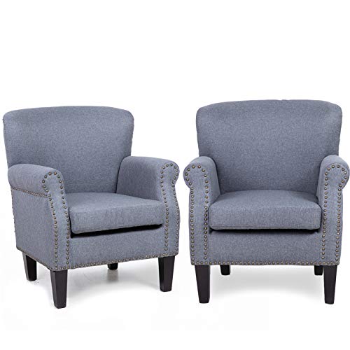 Modern Accent Chair Arm Chair, Lovinouse Mid Century Comfy Upholstered Single Sofa Furniture for Bedroom Living Room, Office, Grey (2 PC)