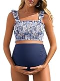 SUMMER MAE UMSTANDS-BIKINI, HOHE TAILLE, ZWEITEILIG, GERÜSCHTER SAUM, NIEDLICHER BADEANZUG, BLUMENMUSTER, SCHWANGERSCHAFTS-BADEMODE, TAUTROPFENBLÜTEN, MEDIUM