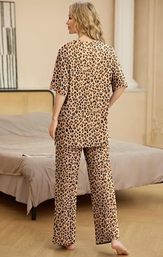 Image of PrinStory Womens Pajamas Sets 2 Piece Lounge Set Short Sleeve Tops and Long Pants Soft Pjs Loungewear with Pockets