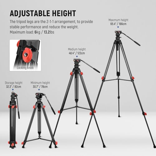 Image of NEEWER Video Tripod with Fluid Head, Heavy Duty Aluminum Compact Portable Camera Tripod Stand for DSLR Camcorder Compatible with DJI Gimbals Compatible with Manfrotto QR Plates, Max Load 13.2 lb, TP73