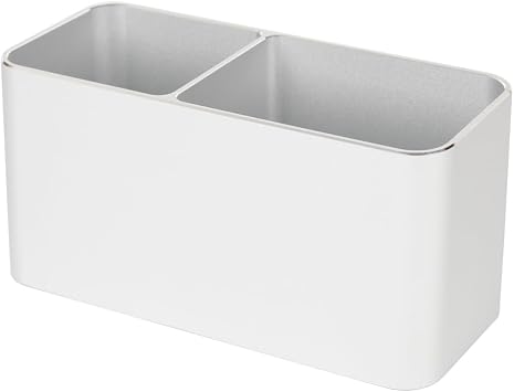 TONSHEN Pen Holder Desk Organizers, Silvery Aluminum Alloy Pen Container with Non-Slip Mat for Desk and Accessory, Rectangle Dual Compartment