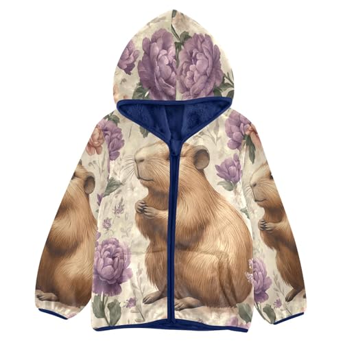 Floral Guinea Pig Pattern Toddler Fleece Jacket Girl Boys Hooded Fleece Jacket Coat Warm Outwear Zip-up 3-10T