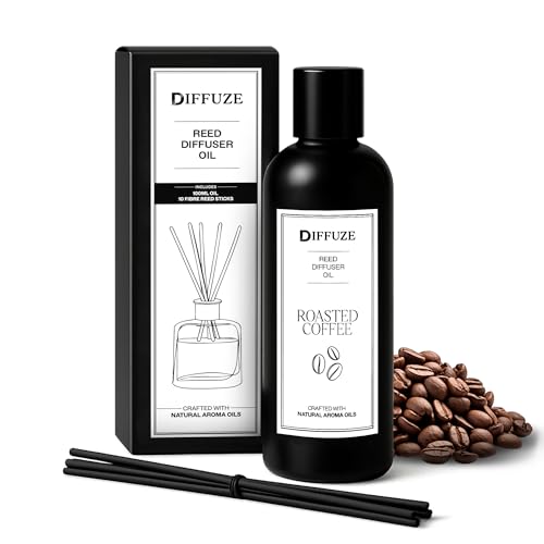Image of DIFFUZE Roasted Coffee Essential Oil Reed Diffuser Refill with 10 Fibre Reed Sticks | Coffee Aroma Oil & Fragrance Oil | Diffuser Oil for Home Fragrance