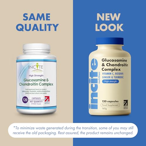 Glucosamine and Chondroitin High Strength Complex with MSM, Vitamin C, Ginger, Rosehip & Turmeric - 120 Premium Capsules Joint Care Supplements Made in The UK by Incite Nutrition