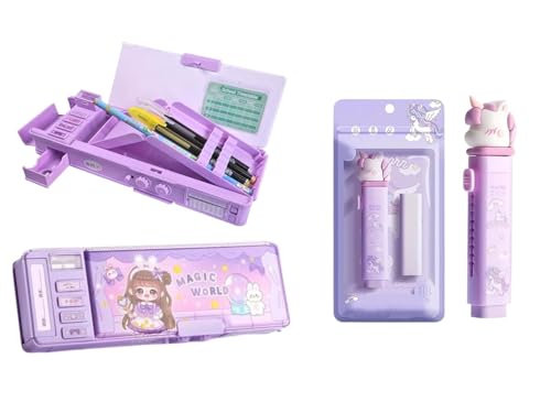 Image of Unicorn Compass Box Combo with Refillable Eraser for Girls | Magic World compass box with sharpener, timetable and unicorn push-pull eraser for school essentials.