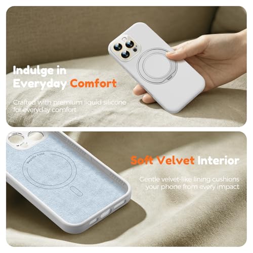 Image of Silicone 360 Spin Magnetic Stand Case for iPhone 16 Pro Max, [Compatible with Mag-Safe][Reinforced Hard Camera Protection] Liquid Silicone Rubber Phone Cover with Ring, Camera Button, White